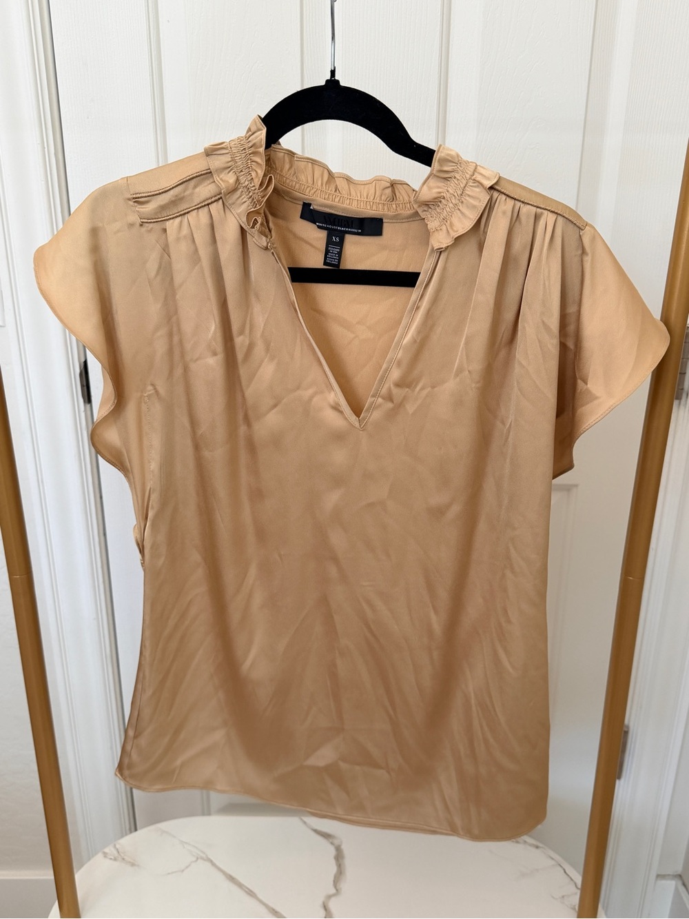White House Black Market Tan Ruffle Collar V-Neck Blouse